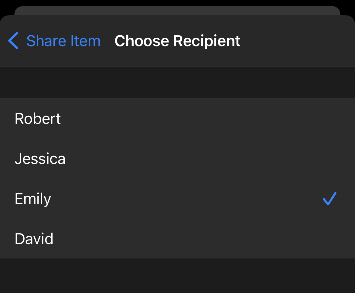 Choose recipient from the list while sharing Encrypted Enpass Item